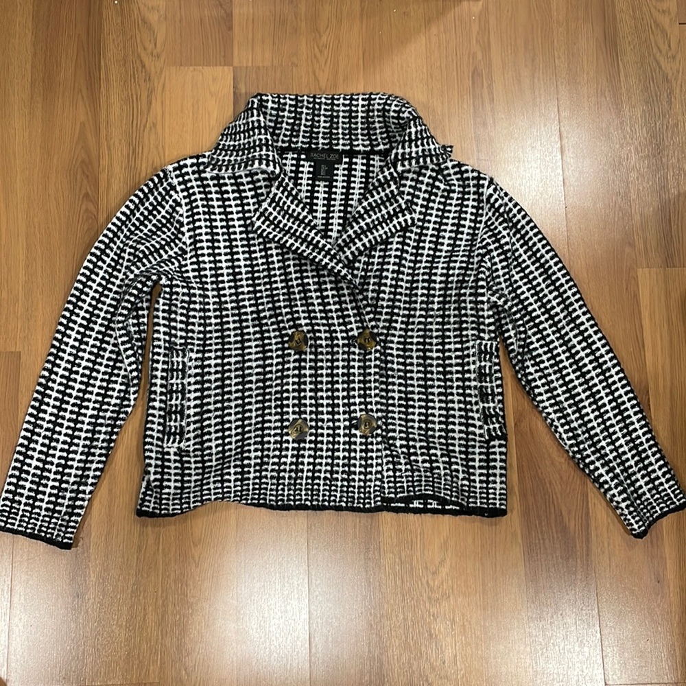 Rachel Zoe double breasted black and white sweater with brown buttons